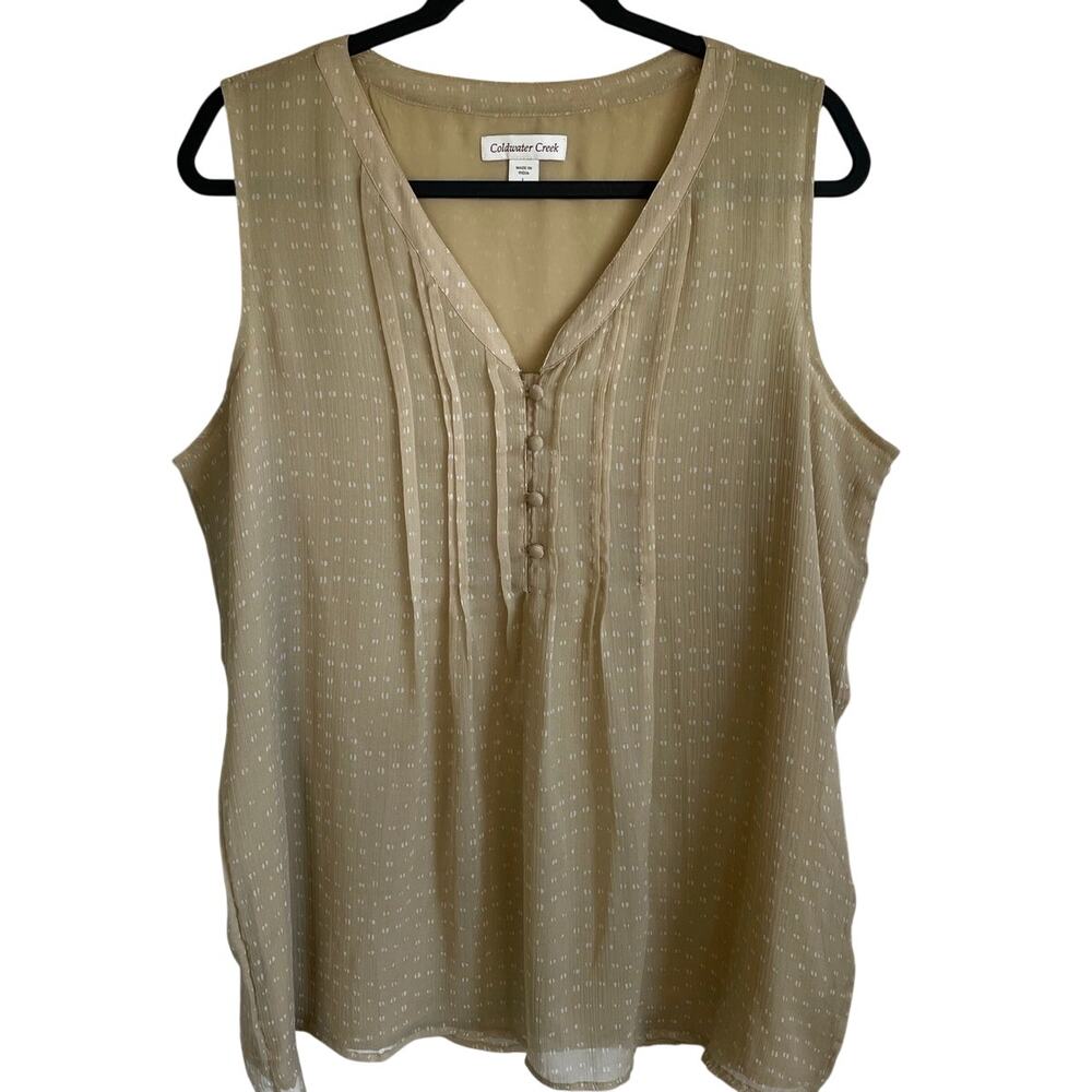 Coldwater Creek Tan Pintuck Blouse Sz L (14) Sleeveless Dash Print Neutral Chic